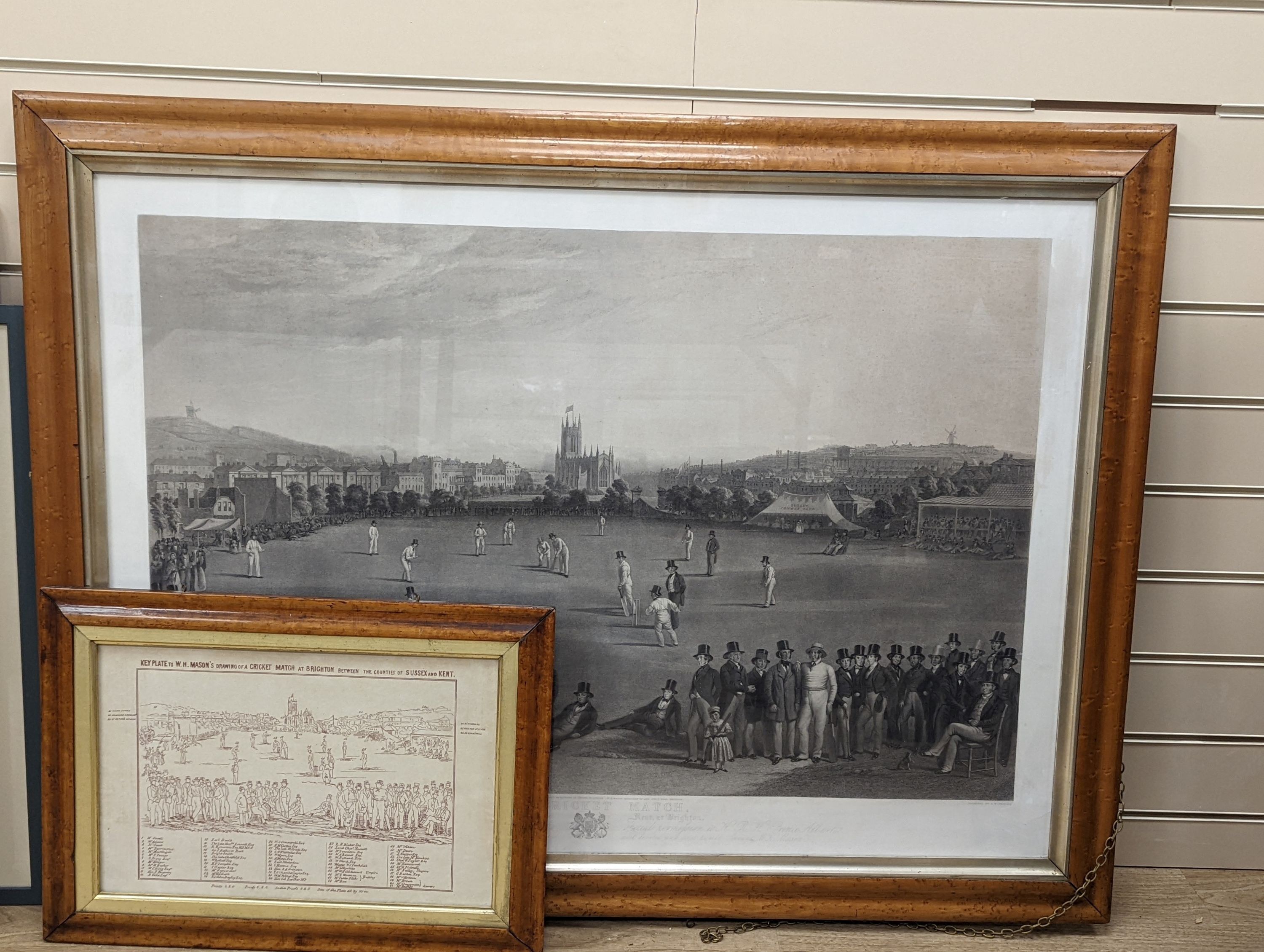 Phillips after Drummond, lithograph, 'The Cricket Match between Sussex and Kent at Brighton', 70 x 100cm, maple framed with a separately framed key to the print